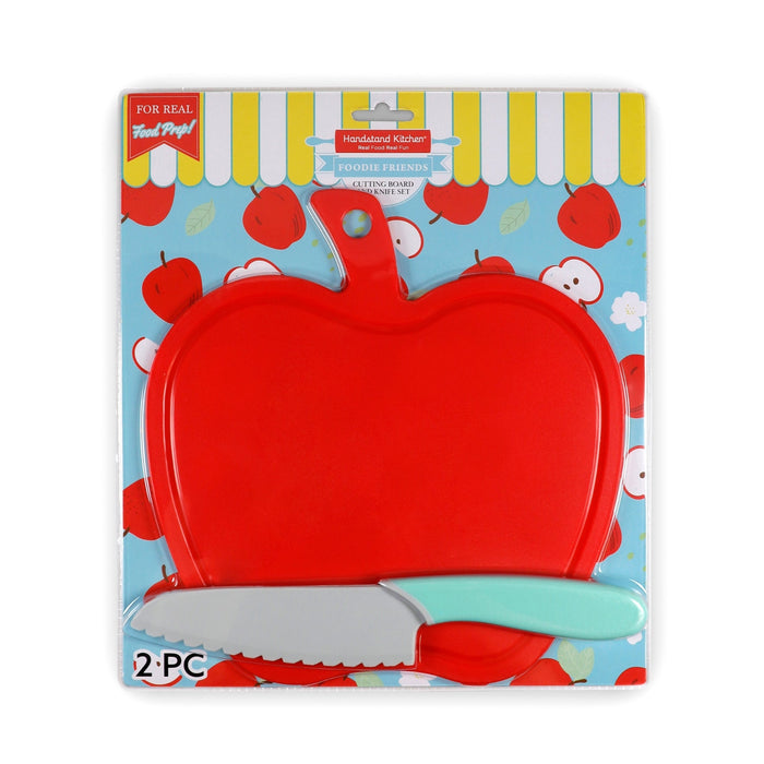 Apple-shaped cutting board with kid-safe serrated knife