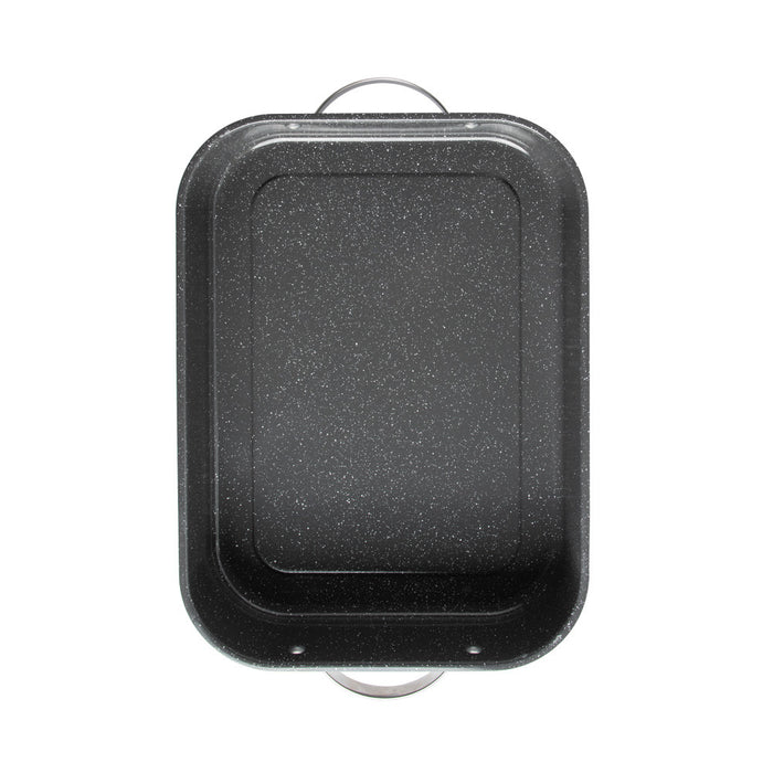 Overhead view of the Verde Grand Roaster speckled ceramic nonstick interior