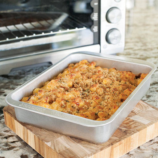 Baked macaroni and cheese in the compact rectangular baker