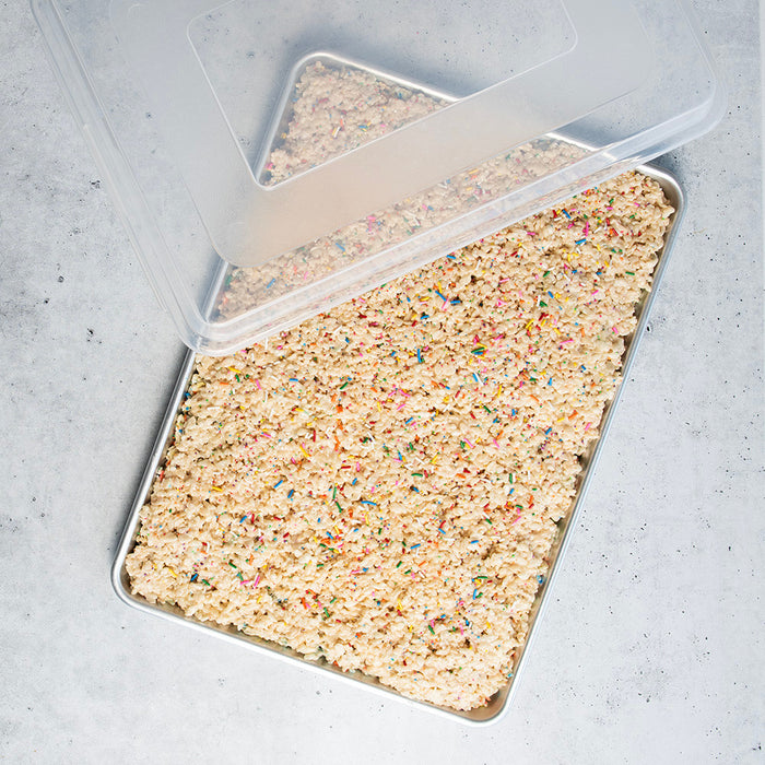 Big sheet pan filled with rice crispy treats, overhead view