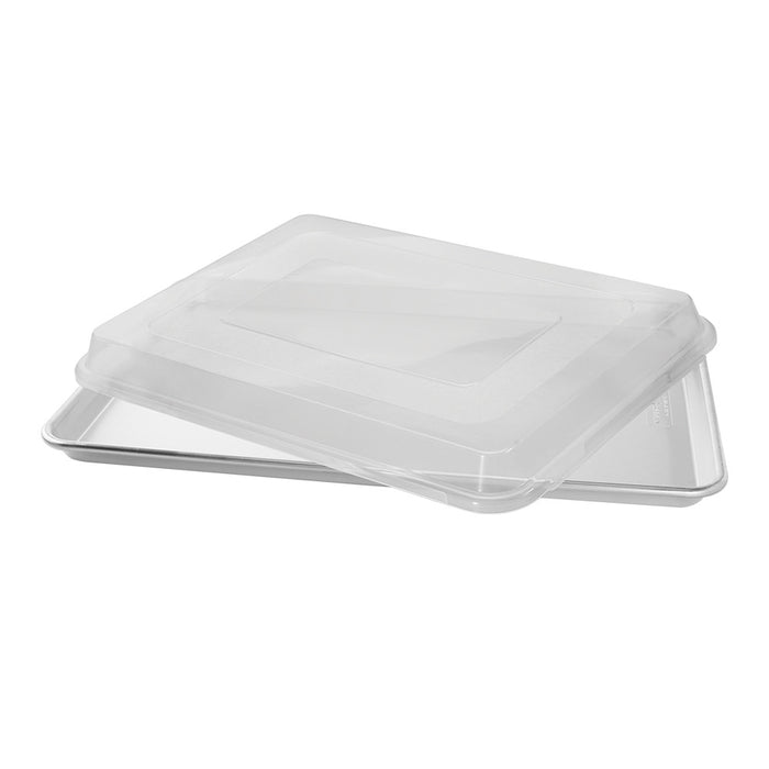 Aluminum big sheet pan with clear lid partly removed