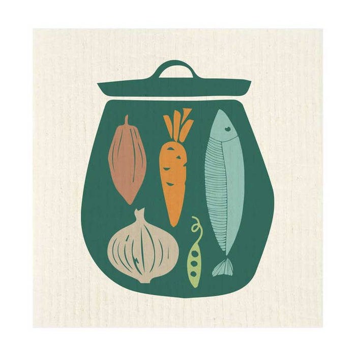 Green Pot with Fish & Veggies Swedish Dishcloth