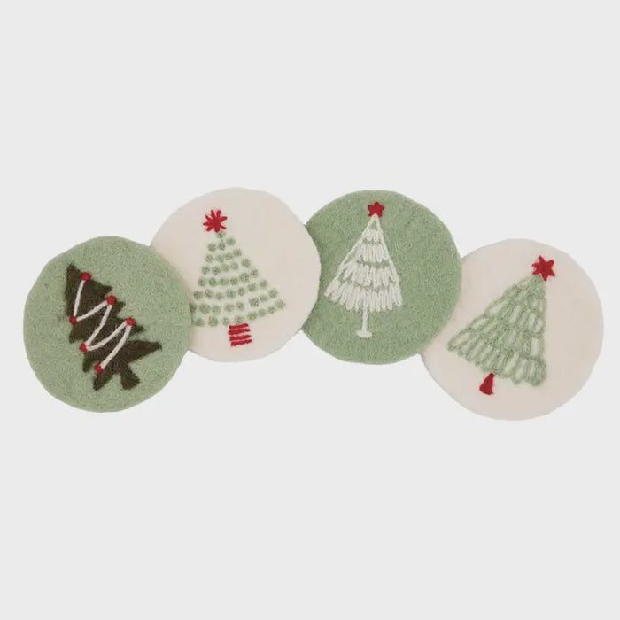 Green & White Felted Wool Holiday Tree Coasters