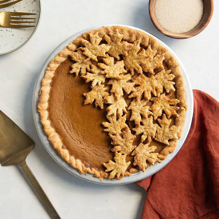 Pumpkin pie with pastry leaves in the Naturals 9 inch pie pan