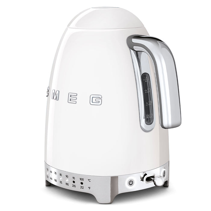 SMEG variable temperature electric kettle in white, alternate view
