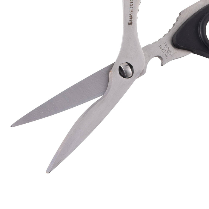 Messermeister Take-Apart Utility Shears shown open displaying micro-serrated stainless steel blades