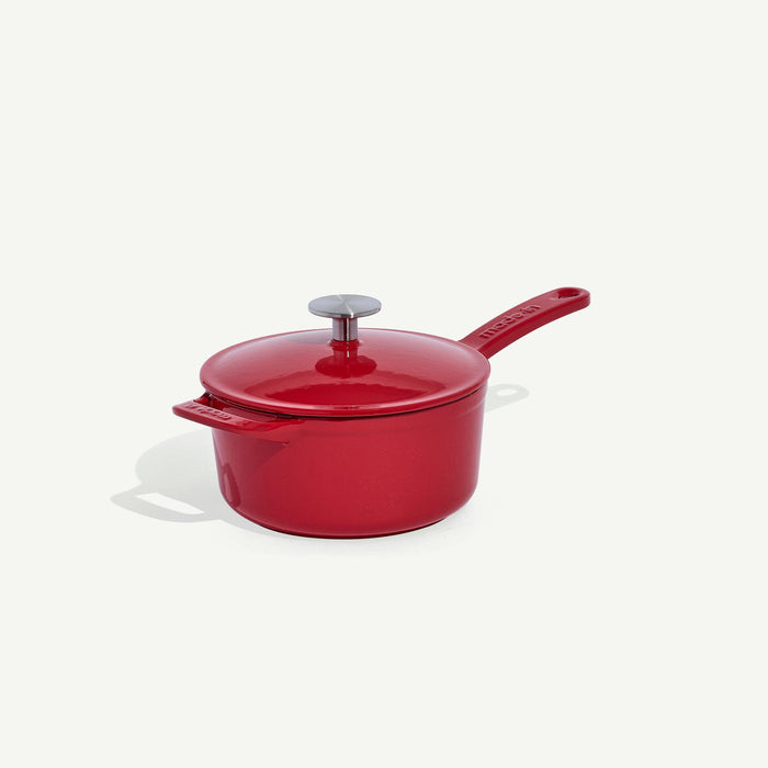 Made In Enameled Cast Iron Saucepan in Made In Red