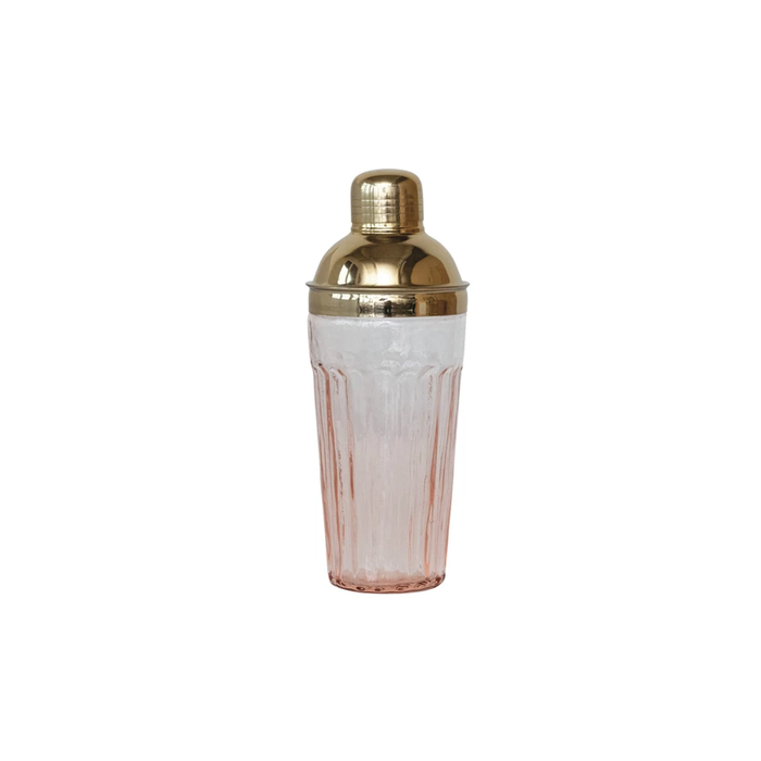 Glass Cocktail Shaker w/ Stainless Steel Top, Pink & Gold Finish 20oz.