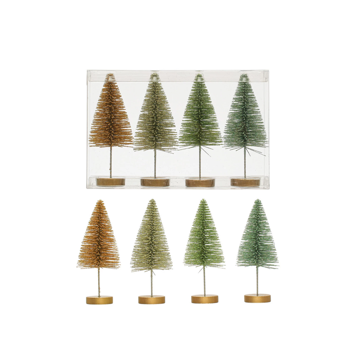 Plastic Bottle Brush Trees w/ Wood Bases, Metallic Colors
